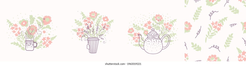 set of vector posters with a cup of tea, a teapot on a background of flowers, seamless pattern. Suitable for postcards, posters, social media posts, greeting cards, invitations