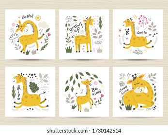 Set of vector posters with cute Giraffes. Isolated elements for stickers, cards, invites and posters