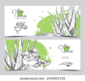 A set of vector posters depicting aloe vera, a useful plant with prickly leaves, made in the form on a white background for cosmetology and dermatology