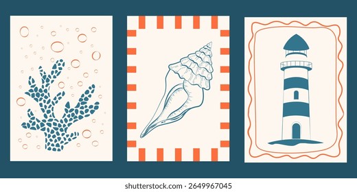 Set of vector posters depicting underwater ocean. Minimalist retro nautical print designs with outline illustrations of seashells, corals and lighthouse in fancy frames