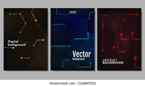 Set of vector posters. Digital technology. Vector illustration. Geometric artificial intelligence tech backdrop. Electronics with blue, yellow and red light.