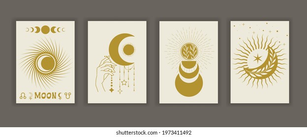 A set of vector posters of esoteric magic in the contour style. Mystical moon, stars, celestial talismans. Sacred geometry, spiritual occultism.