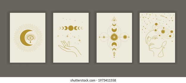 A set of vector posters of esoteric magic in the contour style. Mystical moon, stars, celestial talismans. Sacred geometry, spiritual occultism.