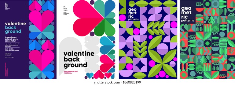 Set of vector posters or event banner. Valentine's day posters, valentines with abstract, geometric background. Geometric prints, geometric patterns. 