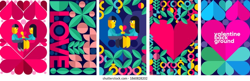 Set of vector posters or event banner. Couple on the background of the heart. Valentine's day posters, valentines with abstract, geometric background. Geometric prints, geometric patterns. 