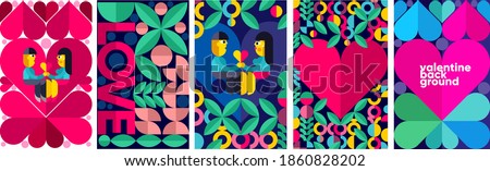 Set of vector posters or event banner. Couple on the background of the heart. Valentine's day posters, valentines with abstract, geometric background. Geometric prints, geometric patterns. 