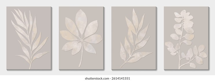 Set of vector posters with flowers and watercolor texture for wall art, interior, packaging, postcard, cover design. Abstract leaves and flowers, leaf branch. Earth tone colors Illustration.