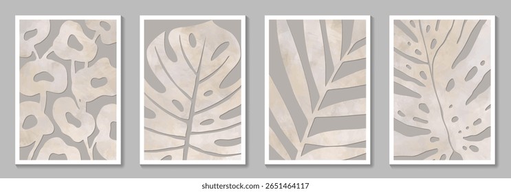 Set of vector posters with flowers and watercolor texture for wall art, interior, packaging, postcard, cover design. Abstract leaves and flowers, leaf branch. Earth tone colors Illustration.