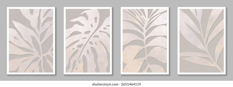 Set of vector posters with flowers and watercolor texture for wall art, interior, packaging, postcard, cover design. Abstract leaves and flowers, leaf branch. Earth tone colors Illustration.