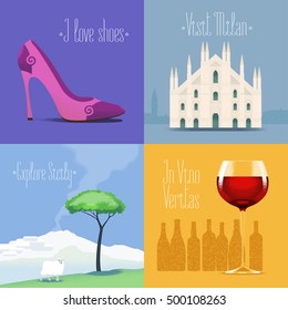 Set of vector posters, flyers, postcards, design, illustration for Italy. Italian symbols - Milano Duomo, Etna mount, red wine, high heel shoes. Travel to Italy concept