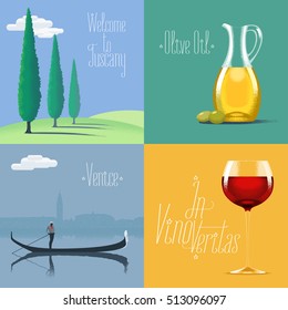 Set of vector posters, flyers, postcards, designs, illustration for Italy. Italian symbols - Tuscany landscape, olive oil, Venice gondola, red wine. Travel to Italy concept