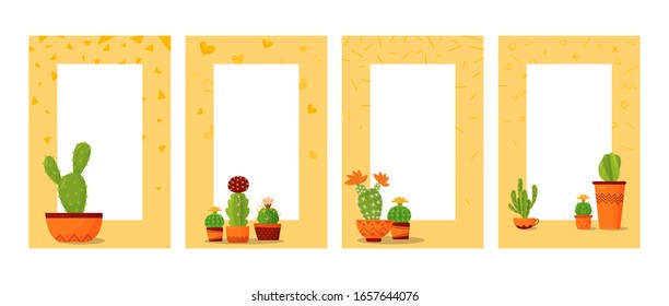 Set of vector posters, flyers, printed products, leaflets, invitations with the participation of houseplants. Composition of cacti on a yellow abstract background with a place for writing text.