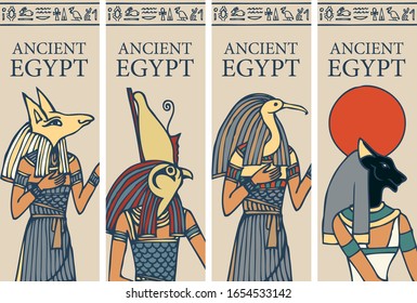 Set of vector posters or flyers for travel agency with Egyptian hieroglyphs and inscription Ancient Egypt. Advertising banners with Egyptian gods - Horus, Thoth, Anubis, goddess Bastet.