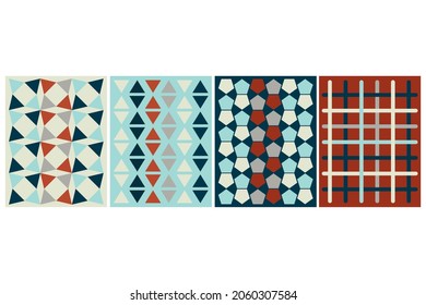 Set of vector posters with geometric shapes. Correct color combination. Warm shades. Symmetrical patterns.