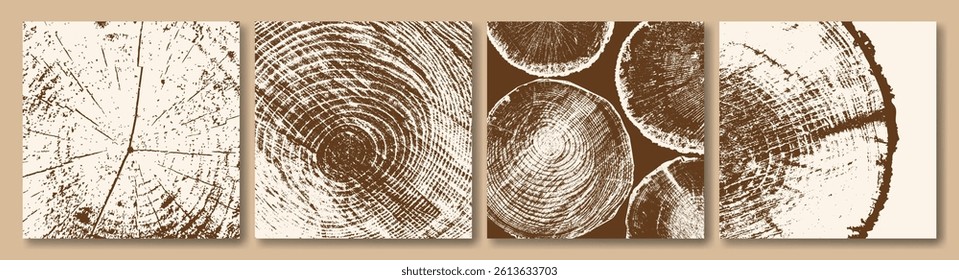 Set of vector posters in grunge style. Cross-sections of a tree. Ring pattern, layers of growth. Background design for cover, menu, invitation, postcard.	