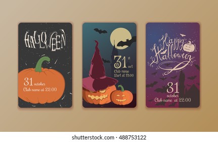 Set of vector posters Halloween. Card with pumpkin and the cut-bats. Illustrations on the theme of the festival, invitations. It can be used for an invitation to a party.