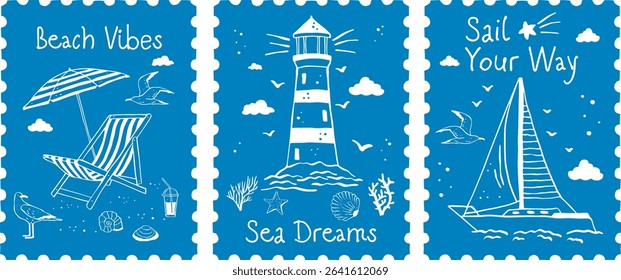 Set of vector posters hand drawn beach theme and vacation accessories, nautical vacation. Vector illustration in doodle style