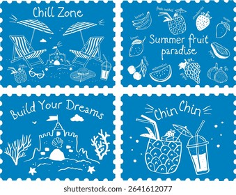 Set of vector posters hand drawn vacation, beach, fruits and drinks. Vector illustration in doodle style
