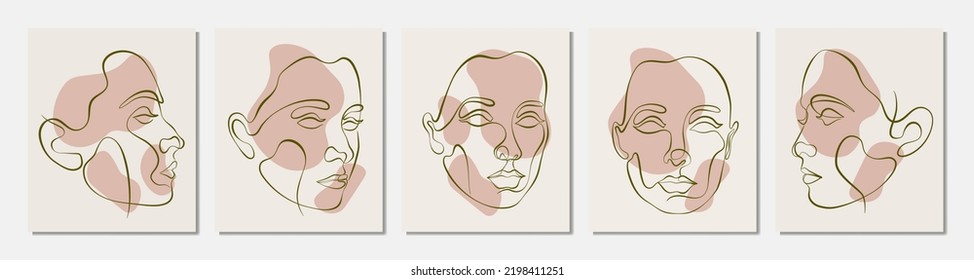Set of vector posters with illustration of woman’s line art faces. Modern one line drawings with blobs, pastel colors. Sisterhood and Feminism. Illustration for web and print.