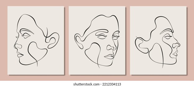 Set of vector posters with illustration of women’s line art face. Modern one line drawings with pastel colors. Sisterhood and Feminism. Illustrations for web and print.