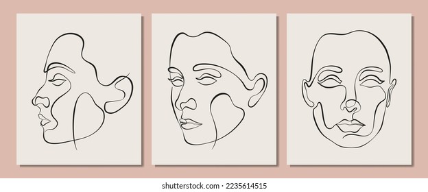Set of vector posters with illustration of women’s line art face. Modern one line drawings with pastel colors. Sisterhood and Feminism. Illustrations for web and print.