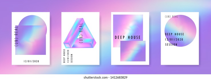 Set of vector posters with Iridescent holographic texture in vibrant neon and pastel colors. Trippy and distorted image, psychedelic hippie style. Synthwave/ retrowave/ vaporwave neon aesthetics.