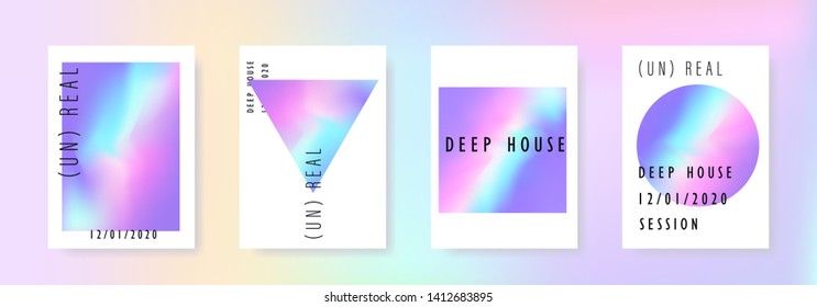 Set of vector posters with Iridescent holographic texture in vibrant neon and pastel colors. Trippy and distorted image, psychedelic hippie style. Synthwave/ retrowave/ vaporwave neon aesthetics.