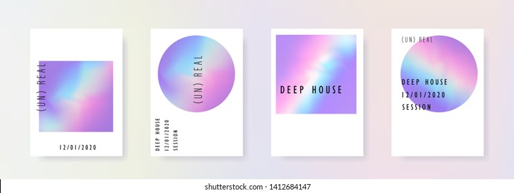 Set of vector posters with Iridescent holographic texture in vibrant neon and pastel colors. Trippy and distorted image, psychedelic hippie style. Synthwave/ retrowave/ vaporwave neon aesthetics.