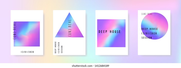 Set of vector posters with Iridescent holographic texture in vibrant neon and pastel colors. Trippy and distorted image, psychedelic hippie style. Synthwave/ retrowave/ vaporwave neon aesthetics.