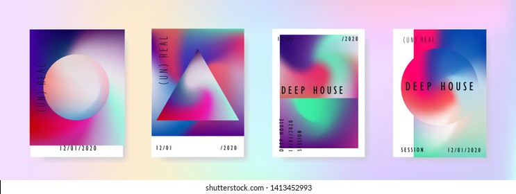 Set von Vektorillustration-Plakaten mit imposanter holografischer Struktur in lebhaften Pastellfarben. Trippiges und verzerrtes Regenbogenbild, psychedelischer Hippie-Stil. Ästhetik von Synthwave/Retrowave/Vaporwave Neon 80er Jahren.