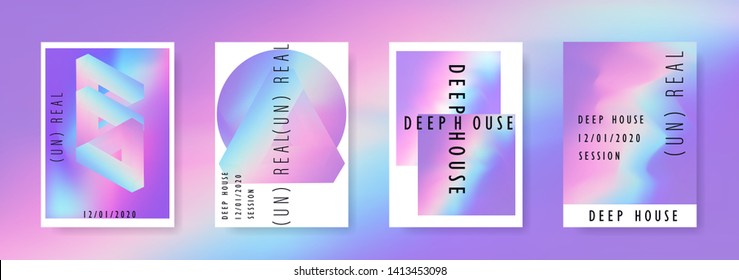 Set of vector posters with Iridescent holographic texture in vibrant pastel colors. Trippy and distorted rainbow image, psychedelic hippie style. Synthwave/ retrowave/ vaporwave neon 80s aesthetics.