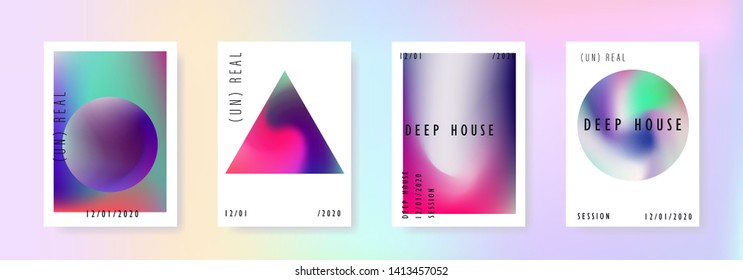 Set of vector posters with Iridescent holographic texture in vibrant pastel colors. Trippy and distorted rainbow image, psychedelic hippie style. Synthwave/ retrowave/ vaporwave neon 80s aesthetics.