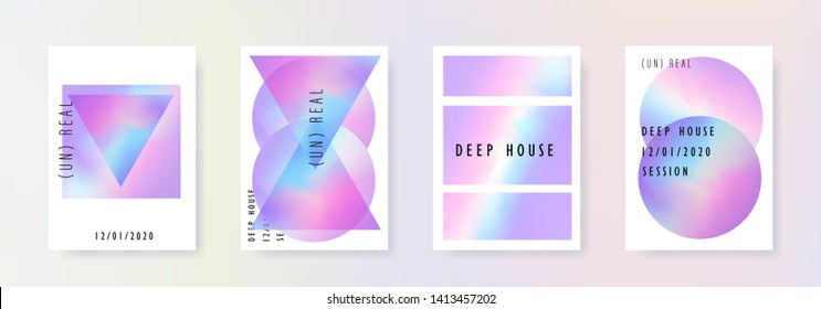 Set of vector posters with Iridescent holographic texture in vibrant pastel colors. Trippy and distorted rainbow image, psychedelic hippie style. Synthwave/ retrowave/ vaporwave neon 80s aesthetics.
