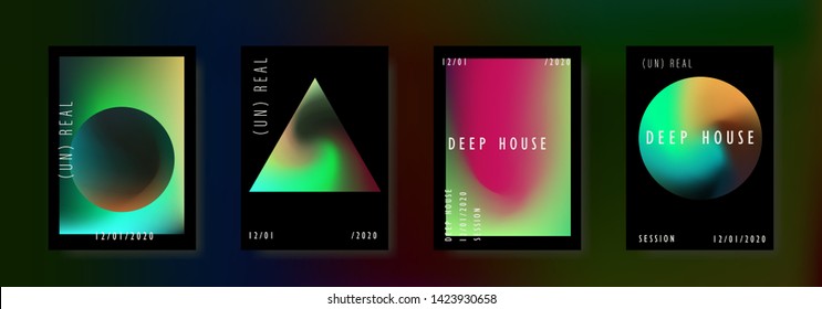 Set of vector posters with Iridescent holographic texture in vibrant neon and pastel colors. Trippy and distorted image, psychedelic hippie style. Synthwave/ retrowave/ vaporwave neon aesthetics.