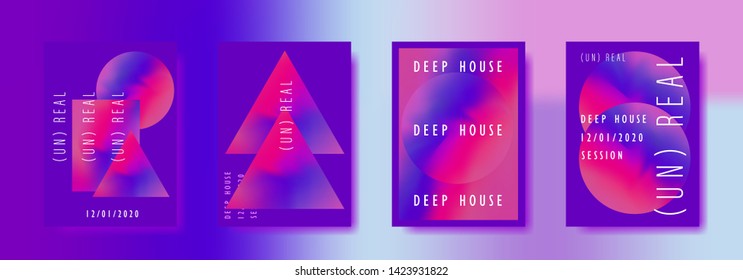 Set of vector posters with Iridescent holographic texture in vibrant neon and pastel colors. Trippy and distorted image, psychedelic hippie style. Synthwave/ retrowave/ vaporwave neon aesthetics.