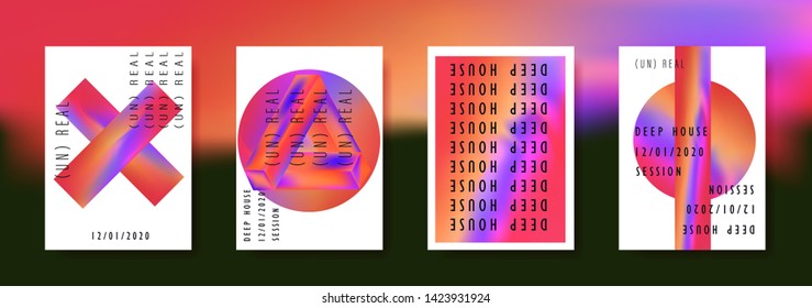 Set of vector posters with Iridescent holographic texture in vibrant neon and pastel colors. Trippy and distorted image, psychedelic hippie style. Synthwave/ retrowave/ vaporwave neon aesthetics.
