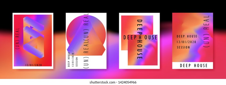 Set of vector posters with Iridescent holographic texture in vibrant neon and pastel colors. Trippy and distorted image, psychedelic hippie style. Synthwave/ retrowave/ vaporwave neon aesthetics.