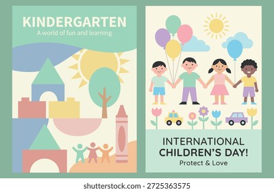 Satz von Vektorplakaten: Kindergartenbausteine und Internationale Kindertagesfeier