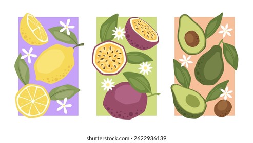 Set of vector posters with lemon, passion fruit and avocado
