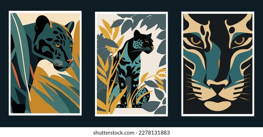 Conjunto de afiches vectoriales con siluetas de leopardo, hojas, plantas. cartel de impresión de arte mural