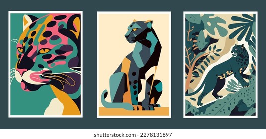 Set of vector posters with leopards and tropical leaves. Collection of cards with wild animals. wall art print poster