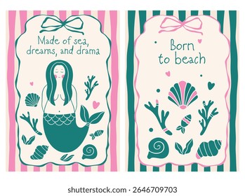 Set of vector posters with minimalist mermaid, seashells, and seaweed in a trendy color palette. Clean marine illustrations with playful typography. Perfect for wall art and summer-themed design