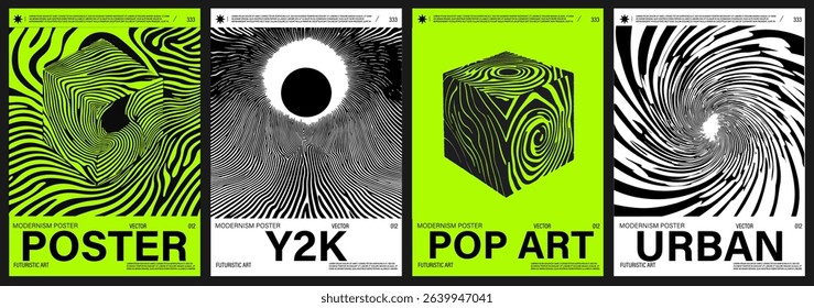 Set of vector posters in modern Y2K op art style: bold abstract black and white 3D shapes, warped lines, and geometric illusions on neon green backgrounds.