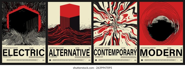 Set of vector posters in modern Y2K op art style: bold abstract black and white 3D shapes, warped lines, and geometric illusions.