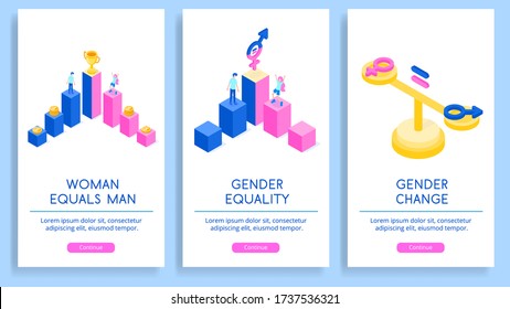 Set of vector posters on the topic of gender equality. Isometric illustration with gender equality on a white background. Equal rights of men and women.