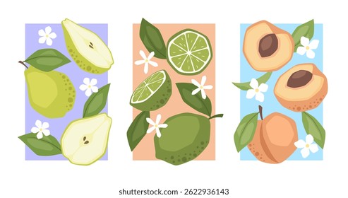 Set of vector posters with pear, lime and peach