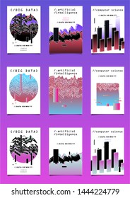 Set of vector posters with plots and infographic charts. Collection of glitch art retrofuturistic covers for programming events. Cyberpunk/ vaporwave/ retrowave style design template.