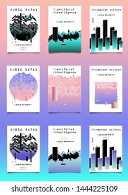 Set of vector posters with plots and infographic charts. Collection of glitch art retrofuturistic covers for programming events. Cyberpunk/ vaporwave/ retrowave style design template.