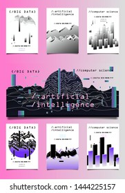 Set of vector posters with plots and infographic charts. Collection of glitch art retrofuturistic covers for programming events. Cyberpunk/ vaporwave/ retrowave style design template.