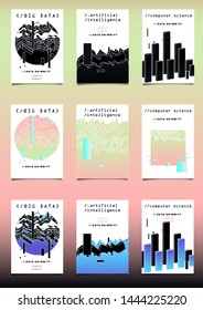 Set of vector posters with plots and infographic charts. Collection of glitch art retrofuturistic covers for programming events. Cyberpunk/ vaporwave/ retrowave style design template.